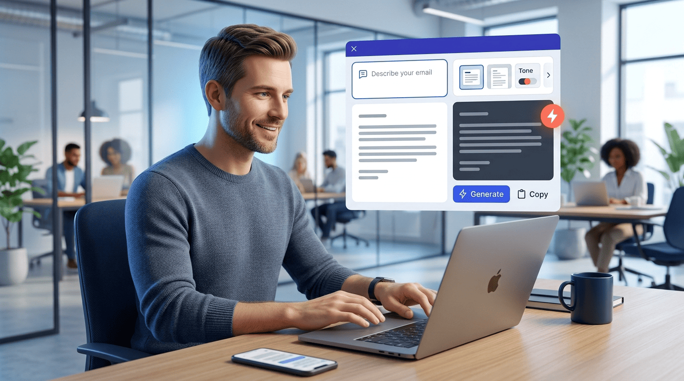 A professional at a bright desk watching an AI email generator turn an incoming message into a ready reply draft