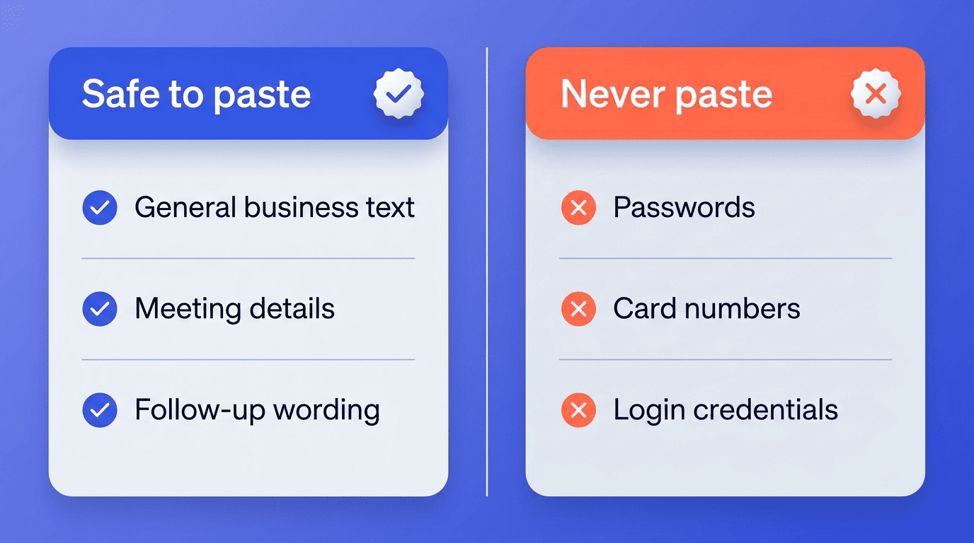 Comparison of what is safe versus never safe to paste into an AI email reply generator