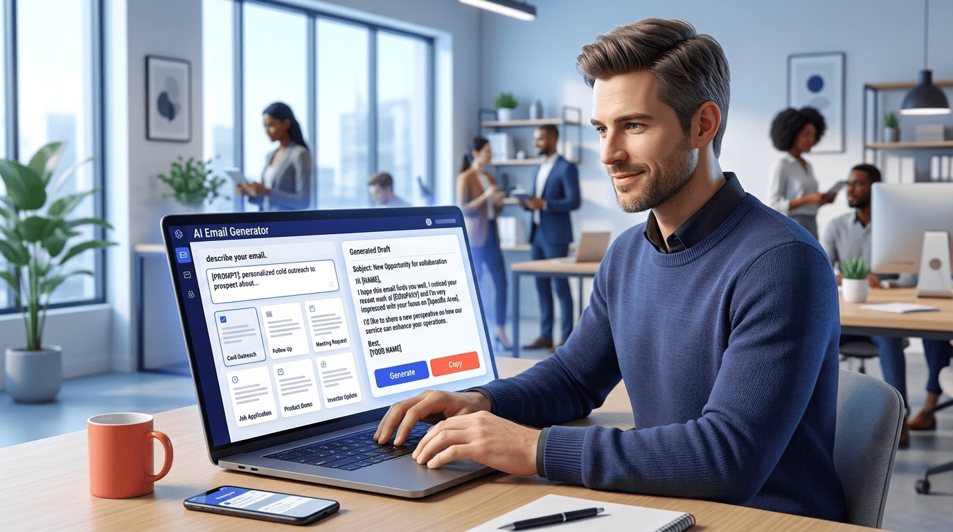 A professional typing a prompt into an AI cold email generator as a personalized draft appears on screen