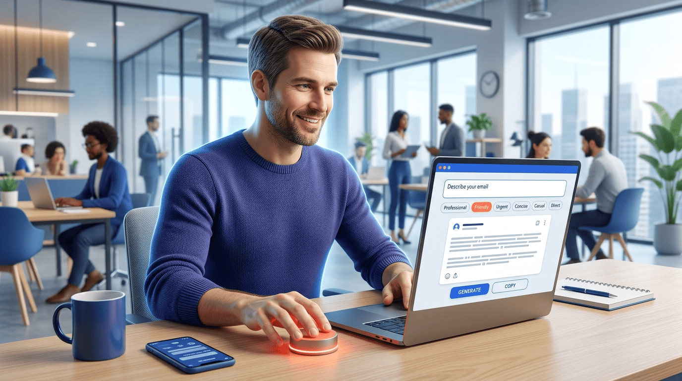 A professional clicking a tone control in an AI email generator interface with a generated draft on screen