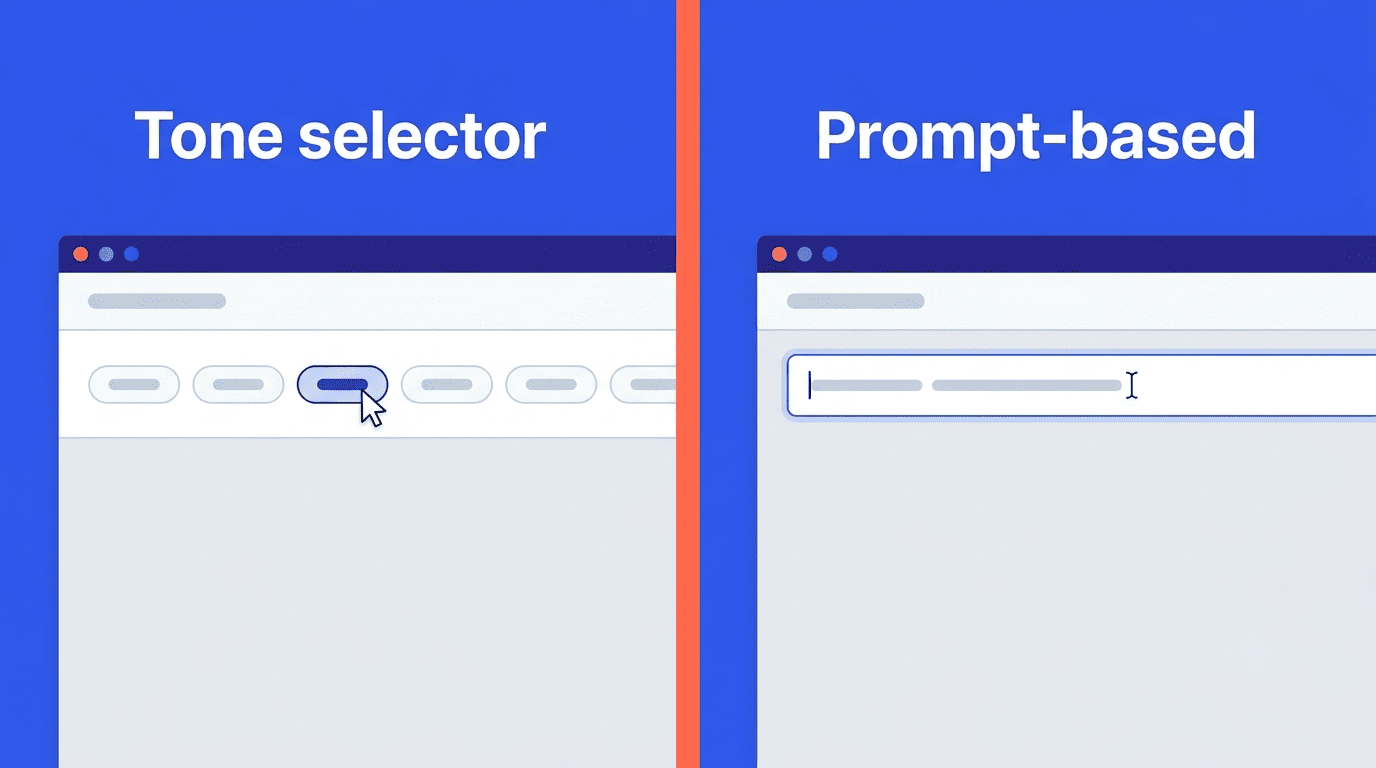 Split comparison of a tone selector with clickable chips versus a prompt-based text control