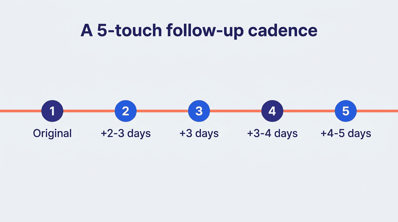 Timeline of a five-touch follow-up cadence with the spacing between each email