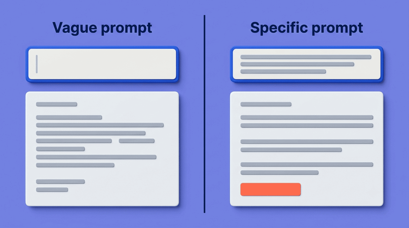 Comparison of a vague prompt versus a specific prompt and the email each produces