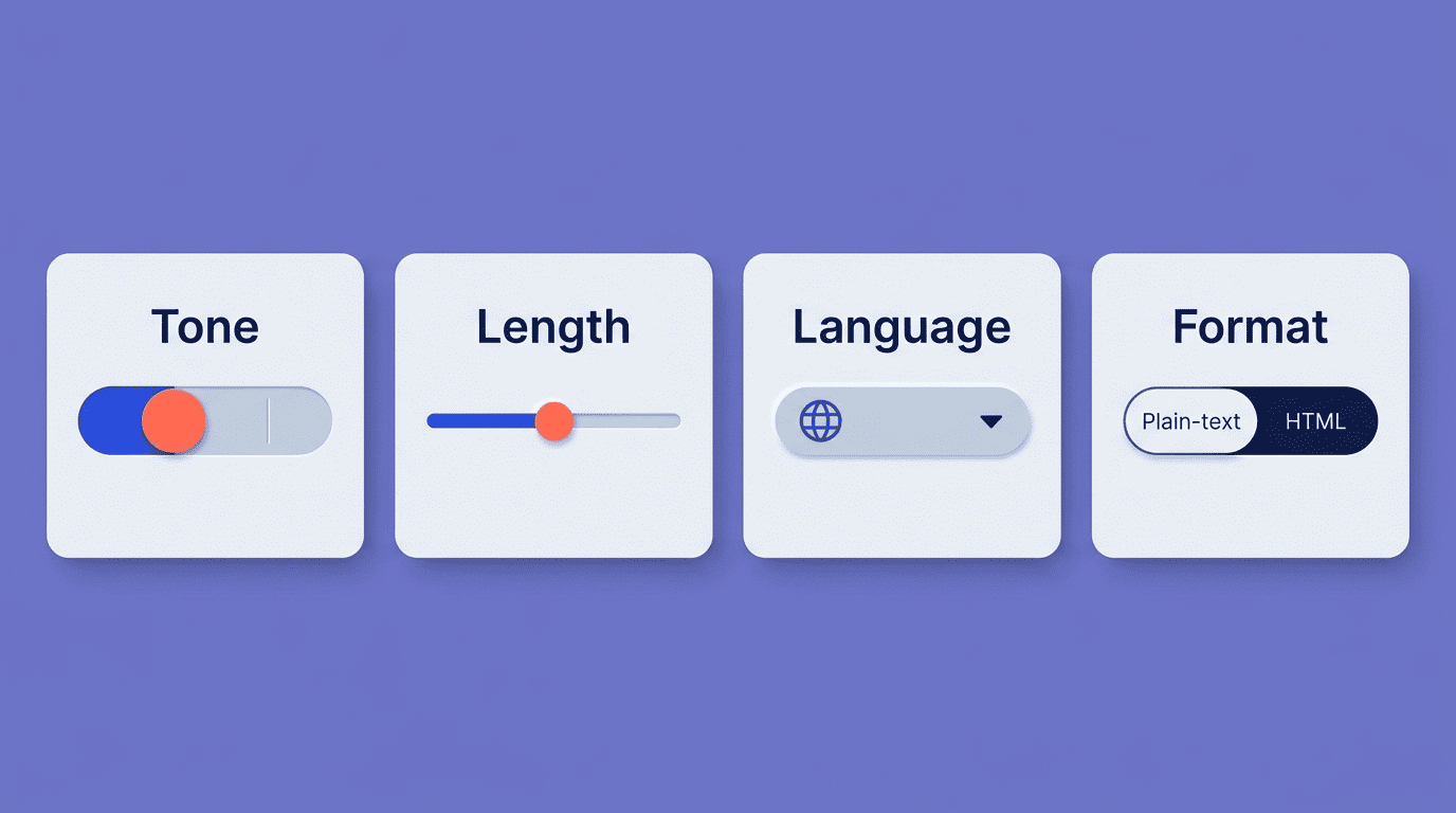 The four controls of an AI email generator: tone, length, language and format