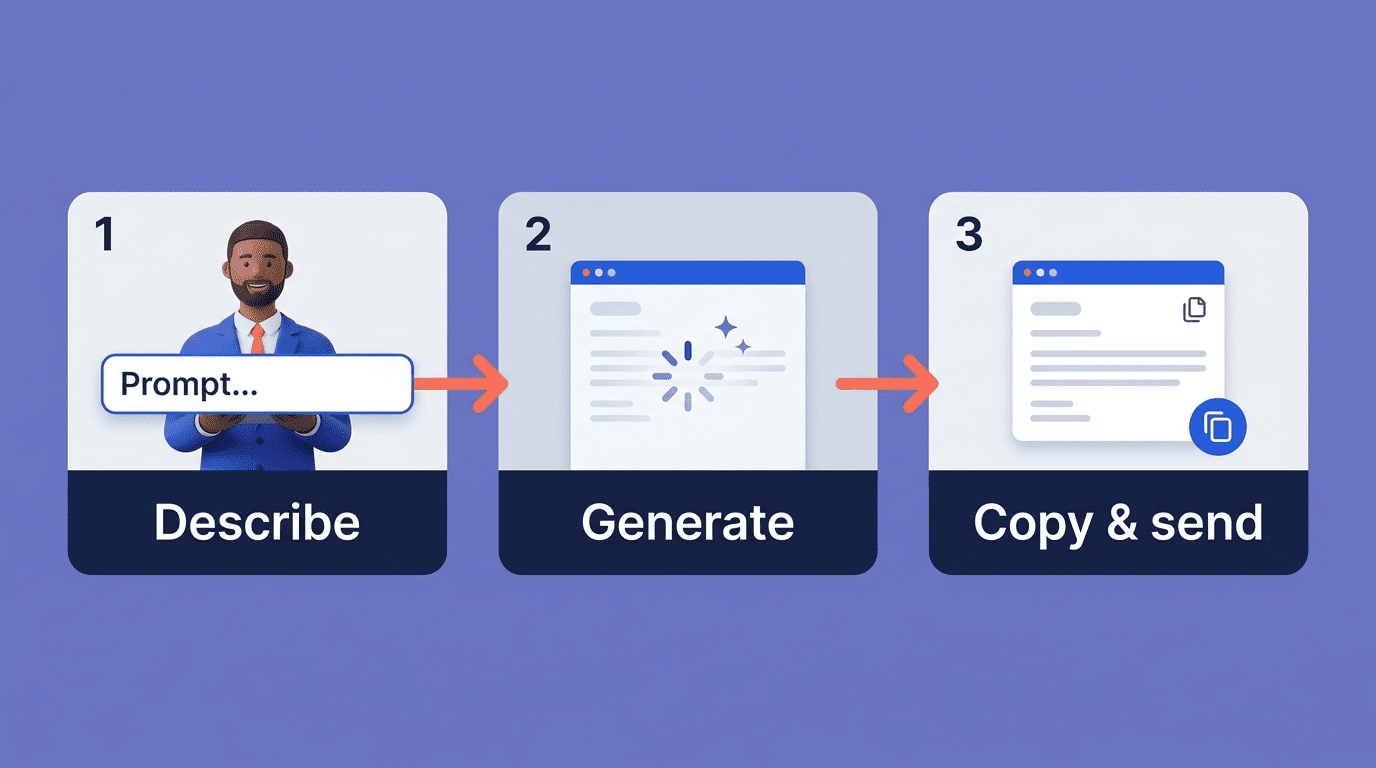 Three-step flow of generating an email from a prompt: describe, generate, copy and send