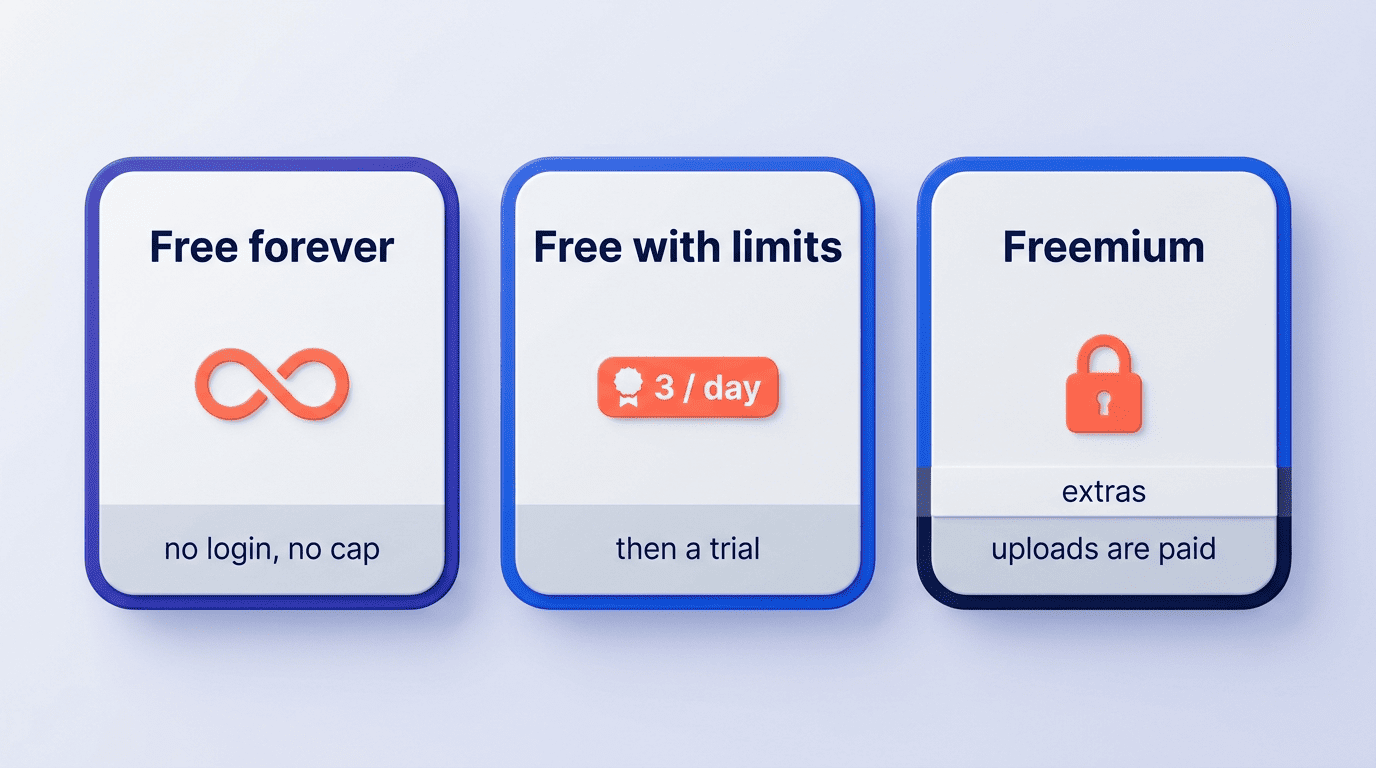 Comparison of the three free models: free forever, free with limits, and freemium