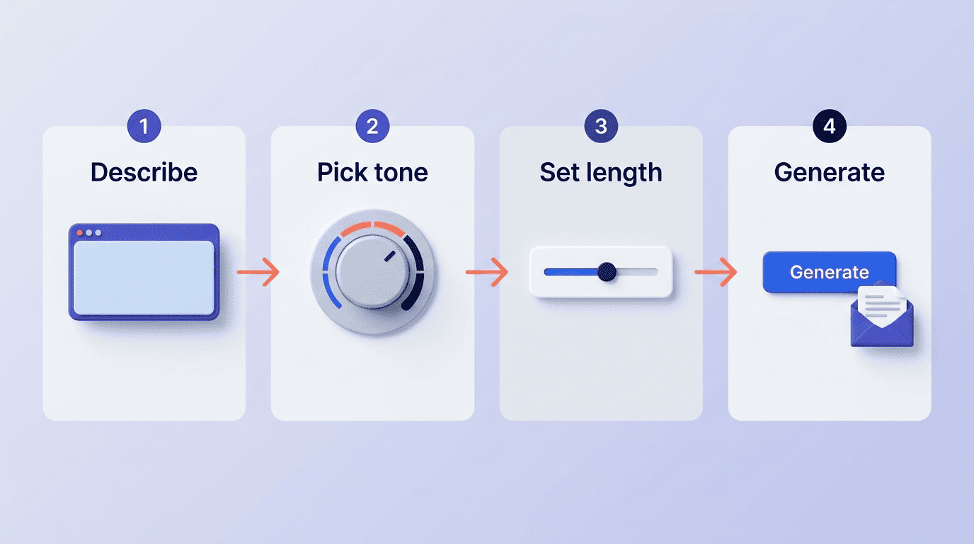 Four-step flow of a free AI email generator: describe, pick tone, set length, generate