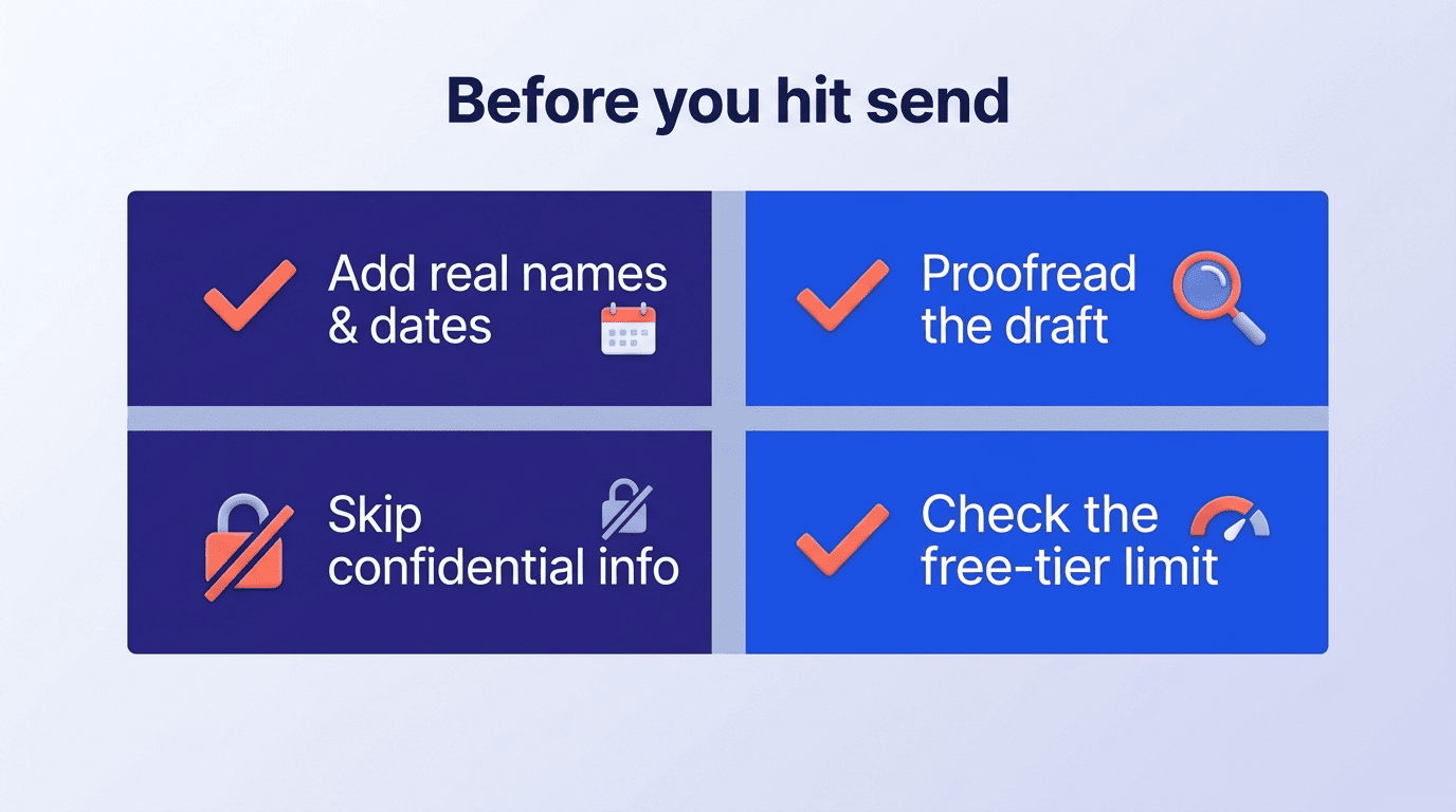 Checklist to run before sending an AI-generated email: add real names and dates, proofread, skip confidential info, check the free-tier limit