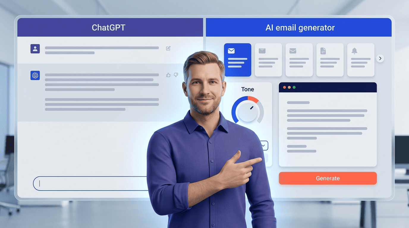 Side-by-side comparison of a general ChatGPT chat window and a dedicated AI email generator interface with templates, a tone selector and a Generate button