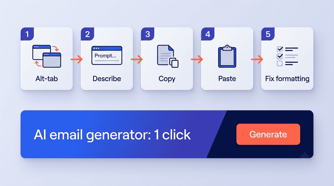Five-step ChatGPT copy-paste workflow — alt-tab, describe, copy, paste, fix formatting — versus a single one-click Generate step in an AI email generator