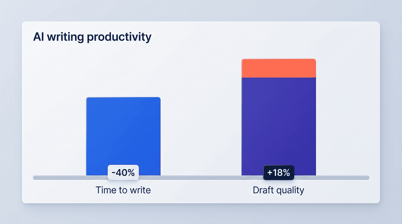 Bar chart titled AI writing productivity showing time to write down 40 percent and draft quality up 18 percent