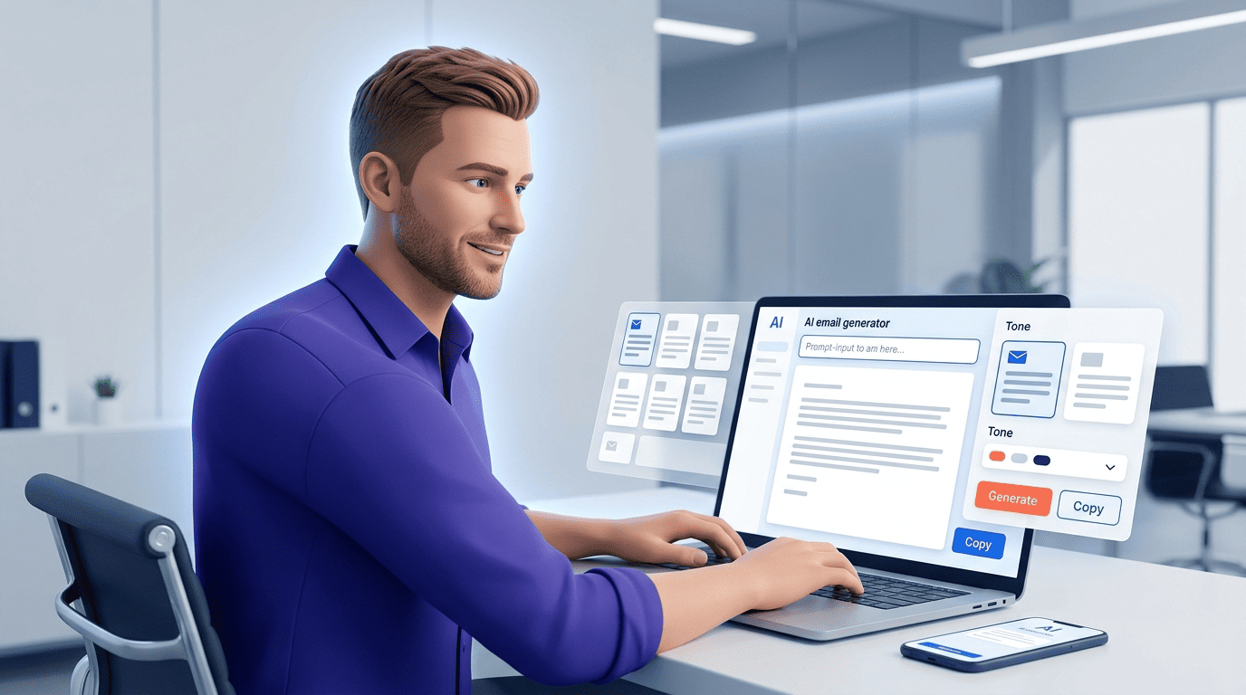 Professional using an AI email generator interface with a prompt box and generated draft appearing