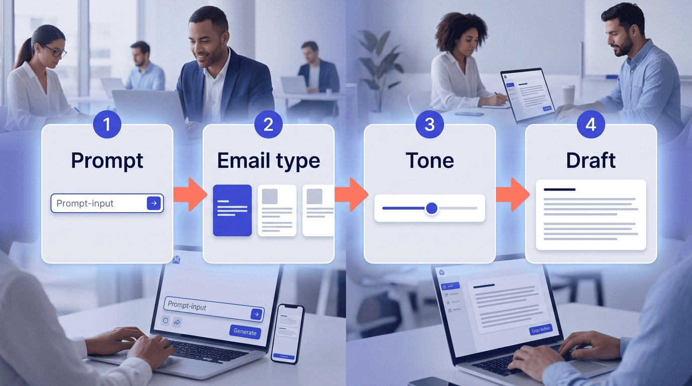 Four-step flow from prompt to a generated email draft