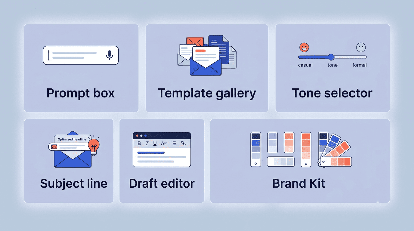 Grid of the six core components of an AI email generator