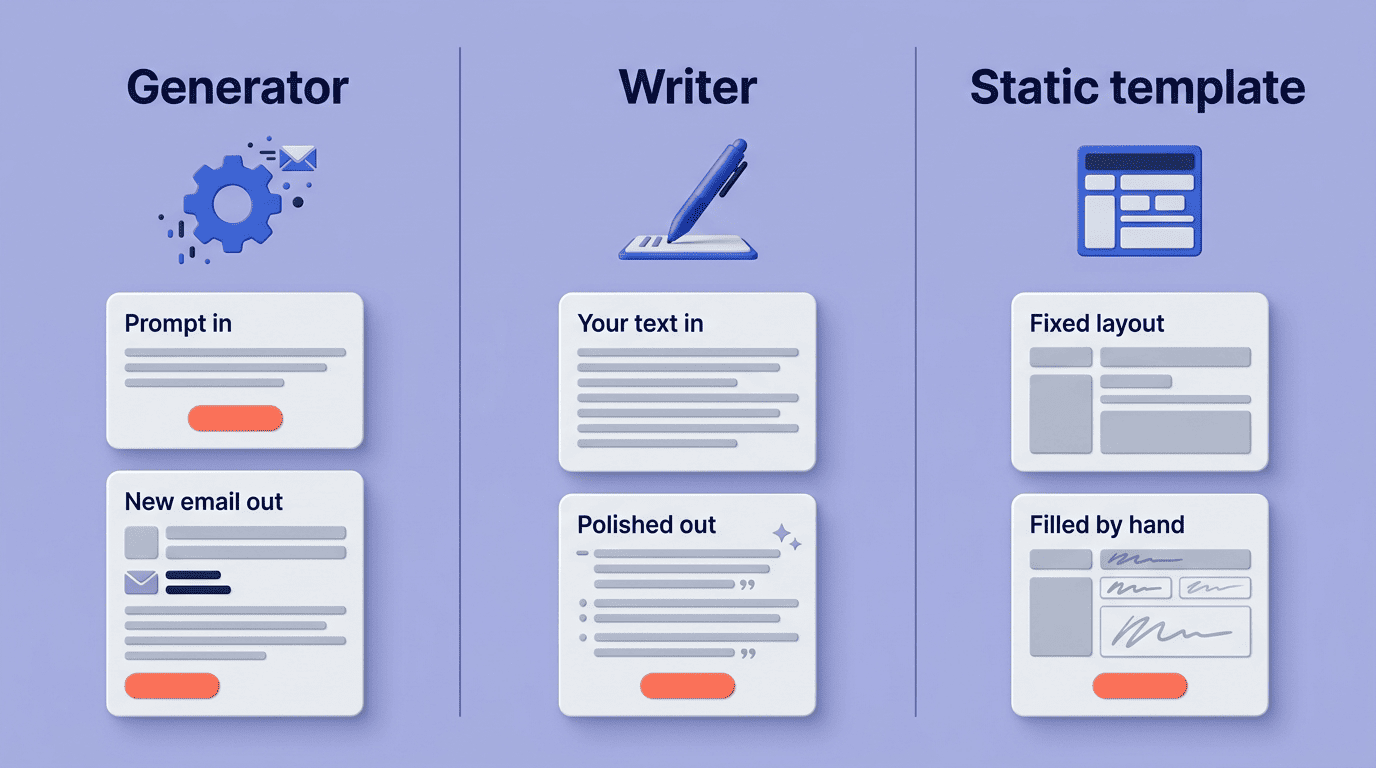 Three-column comparison of an AI email generator versus a writer tool versus a static template