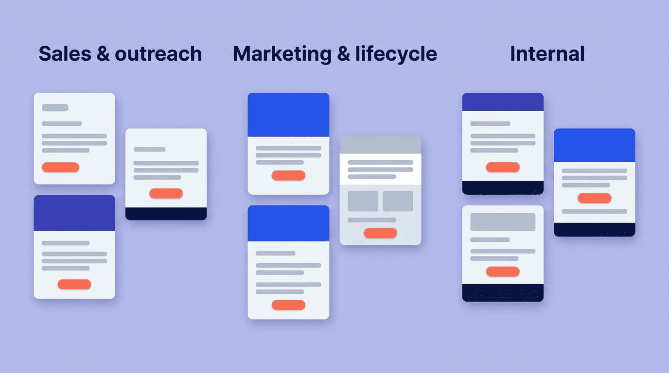 Types of email templates an AI email generator can produce: sales and outreach, marketing and lifecycle, internal