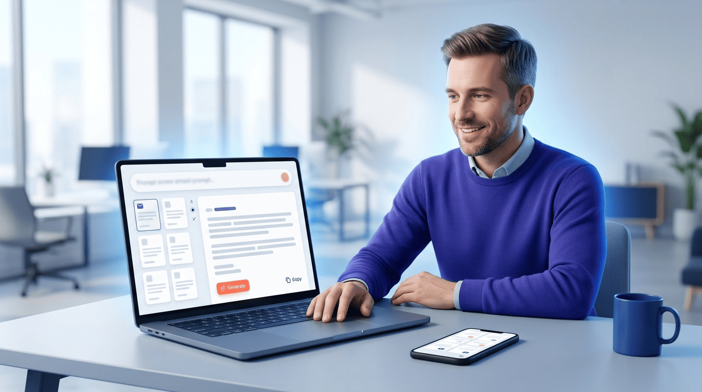 A professional using an AI email generator to draft an apology email in seconds