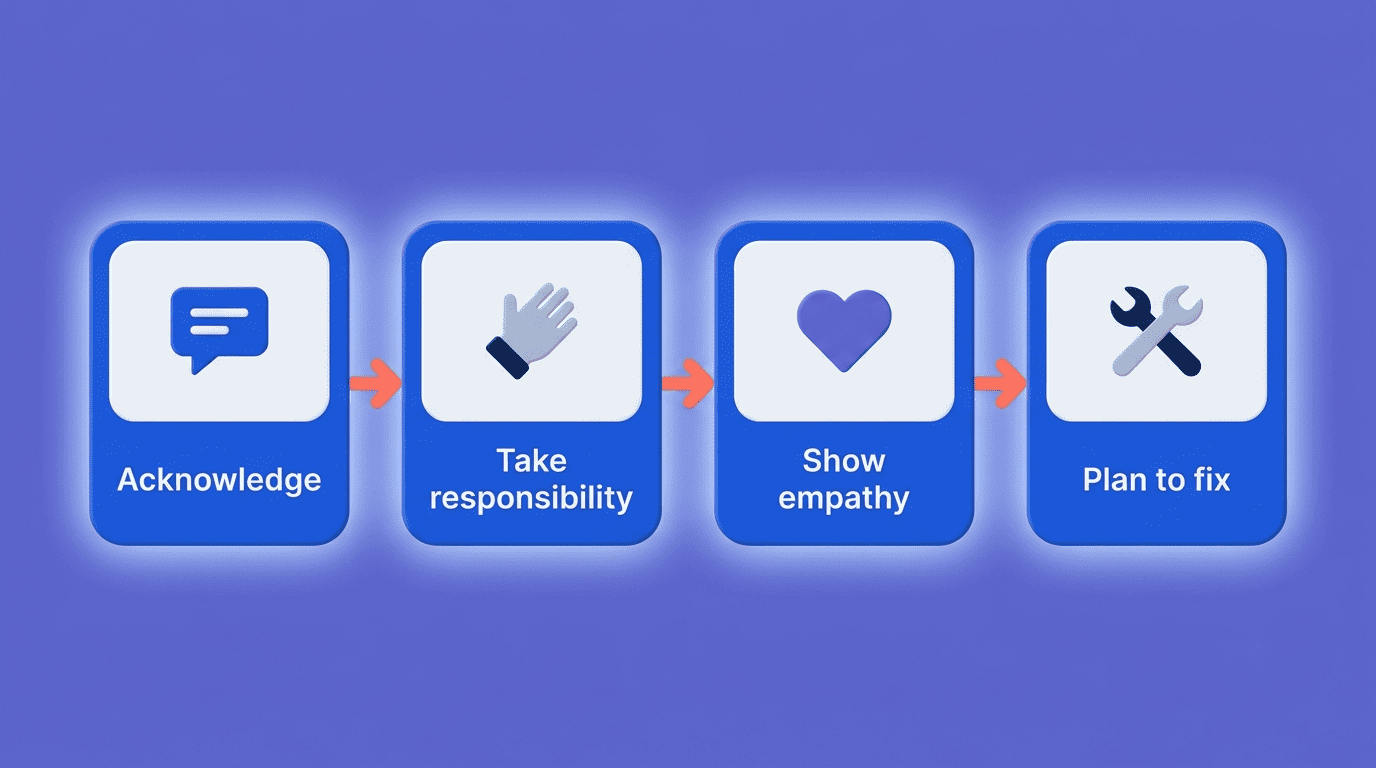 Four-step process: acknowledge, take responsibility, show empathy, plan to fix