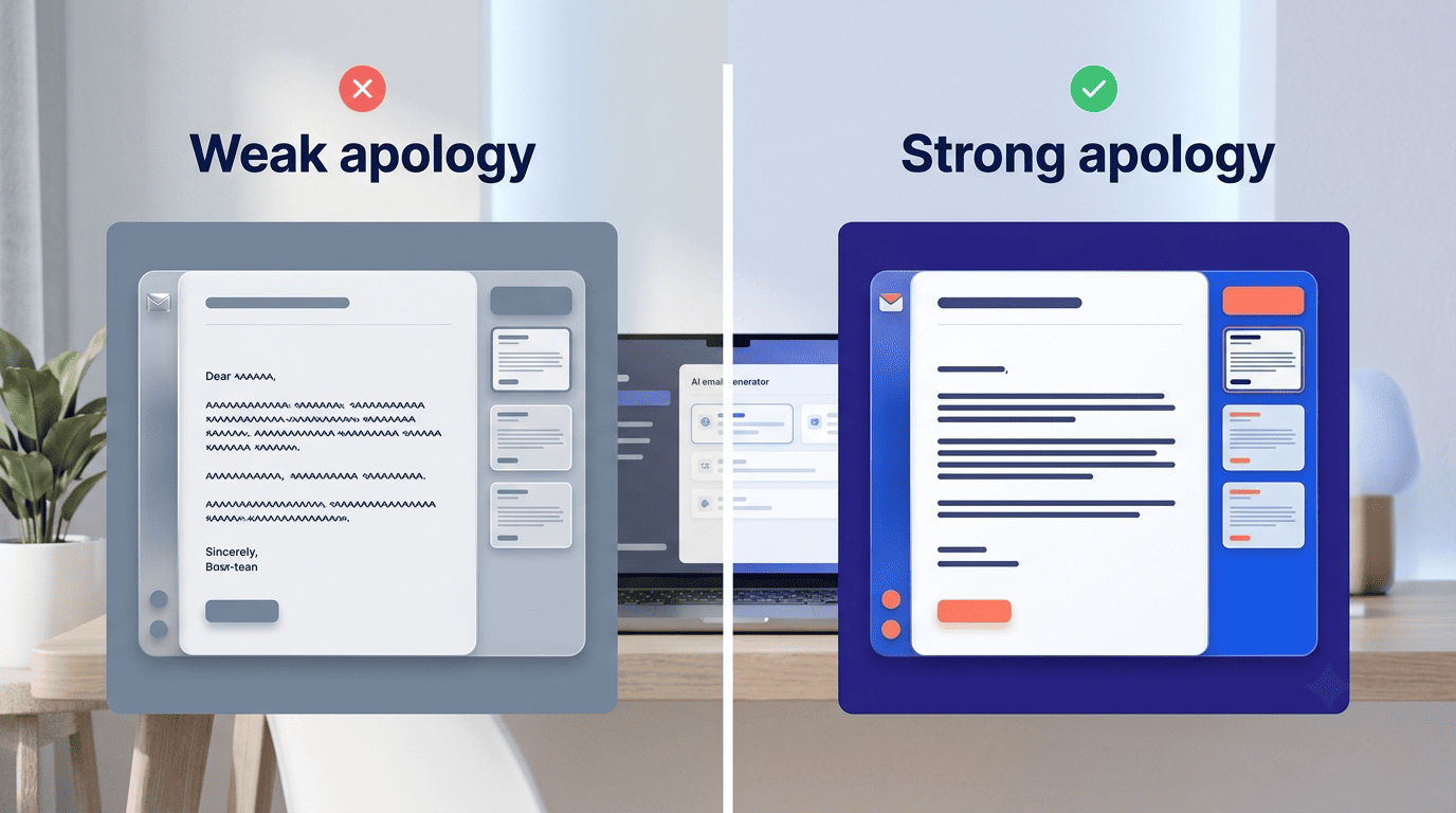 Comparison of a weak, hedging apology versus a strong, direct one