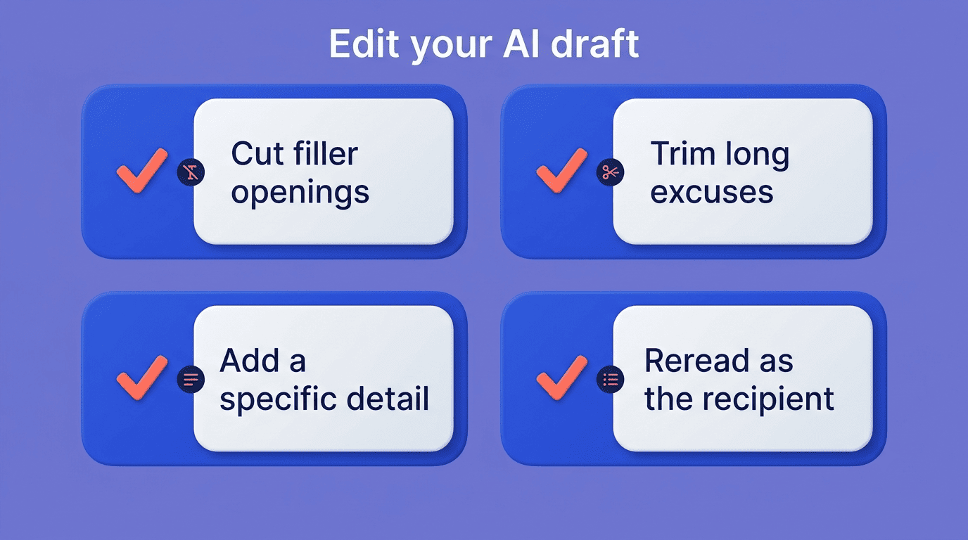 Checklist for editing an AI-generated apology draft: cut filler, trim excuses, add a detail, reread as the recipient
