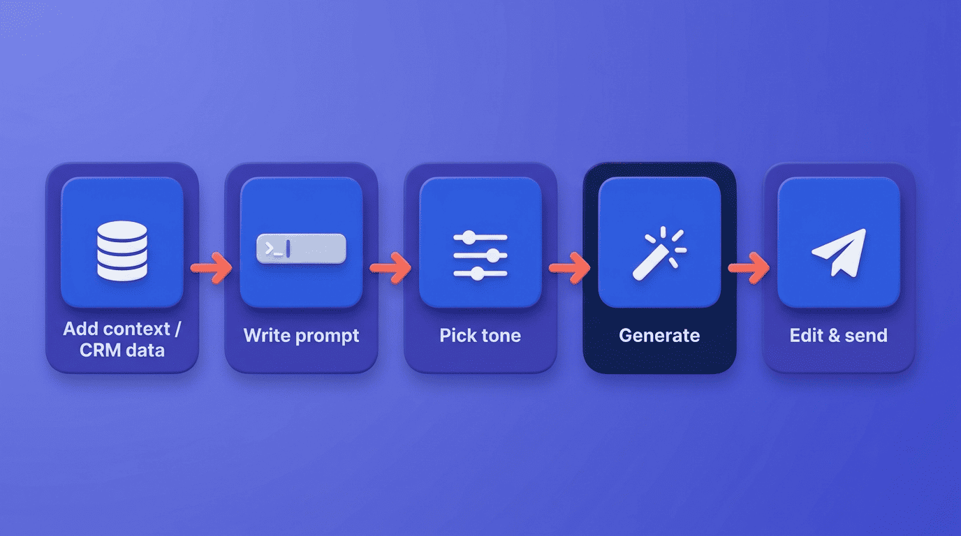 Five-step flow of a sales email generator: add CRM data, write prompt, pick tone, generate, edit and send