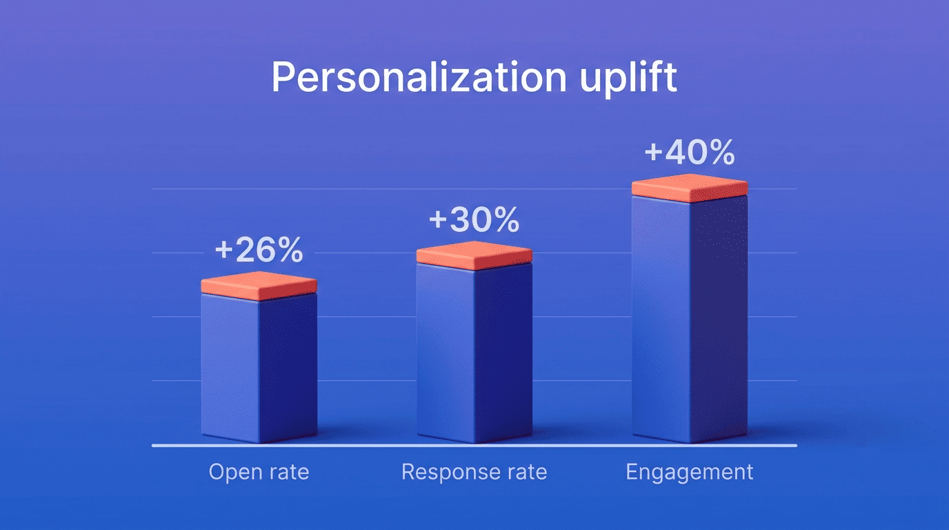 Bar chart showing personalization uplift: open rate +26%, response rate +30%, engagement +40%
