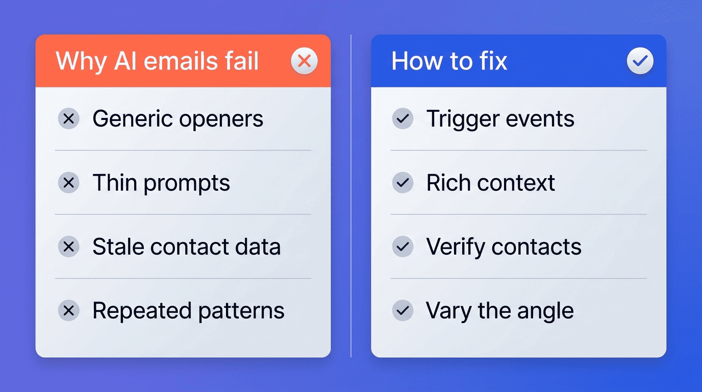 Comparison of why AI sales emails fail versus how to fix each failure mode
