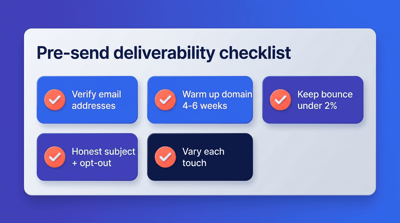 Pre-send deliverability checklist: verify addresses, warm up the domain, keep bounce under 2%, honest subject and opt-out, vary each touch