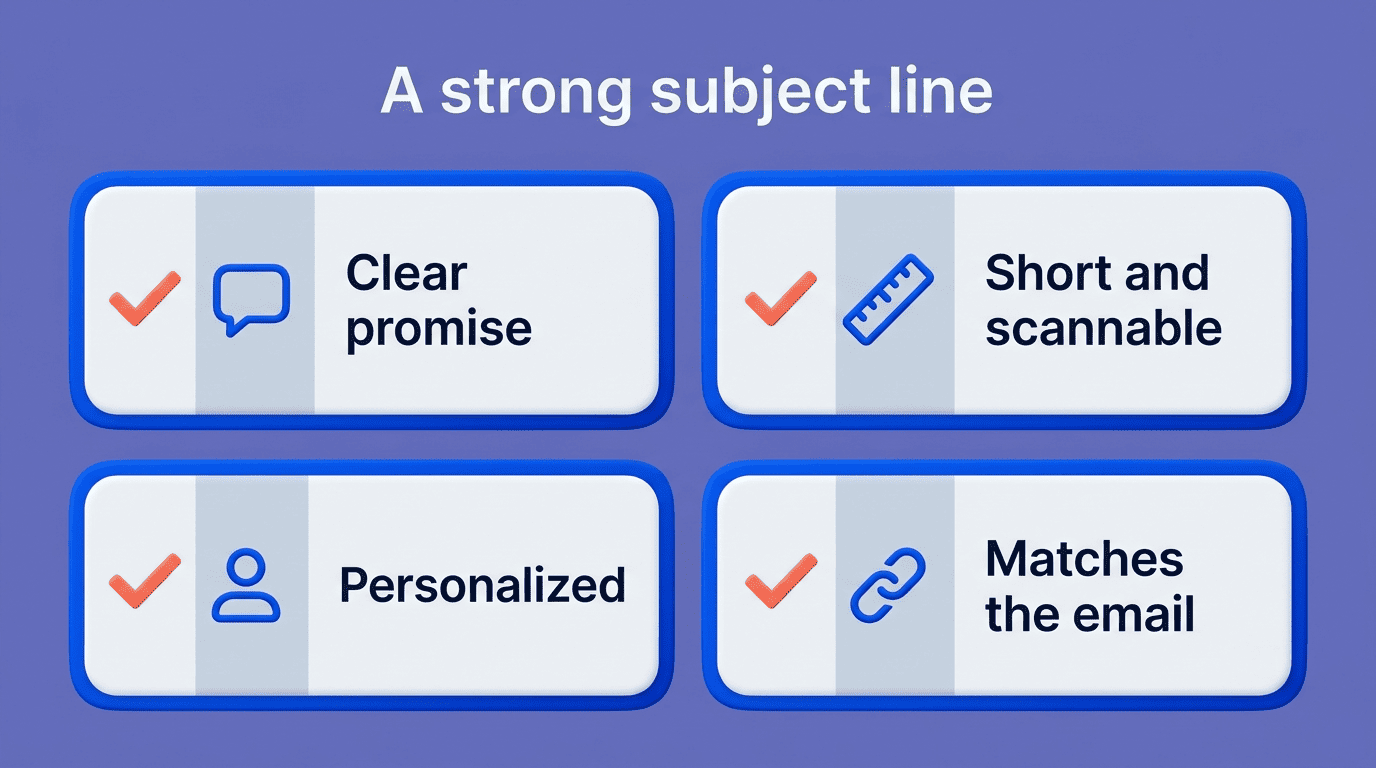 Checklist of four traits of a strong subject line: clear promise, short and scannable, personalized, matches the email