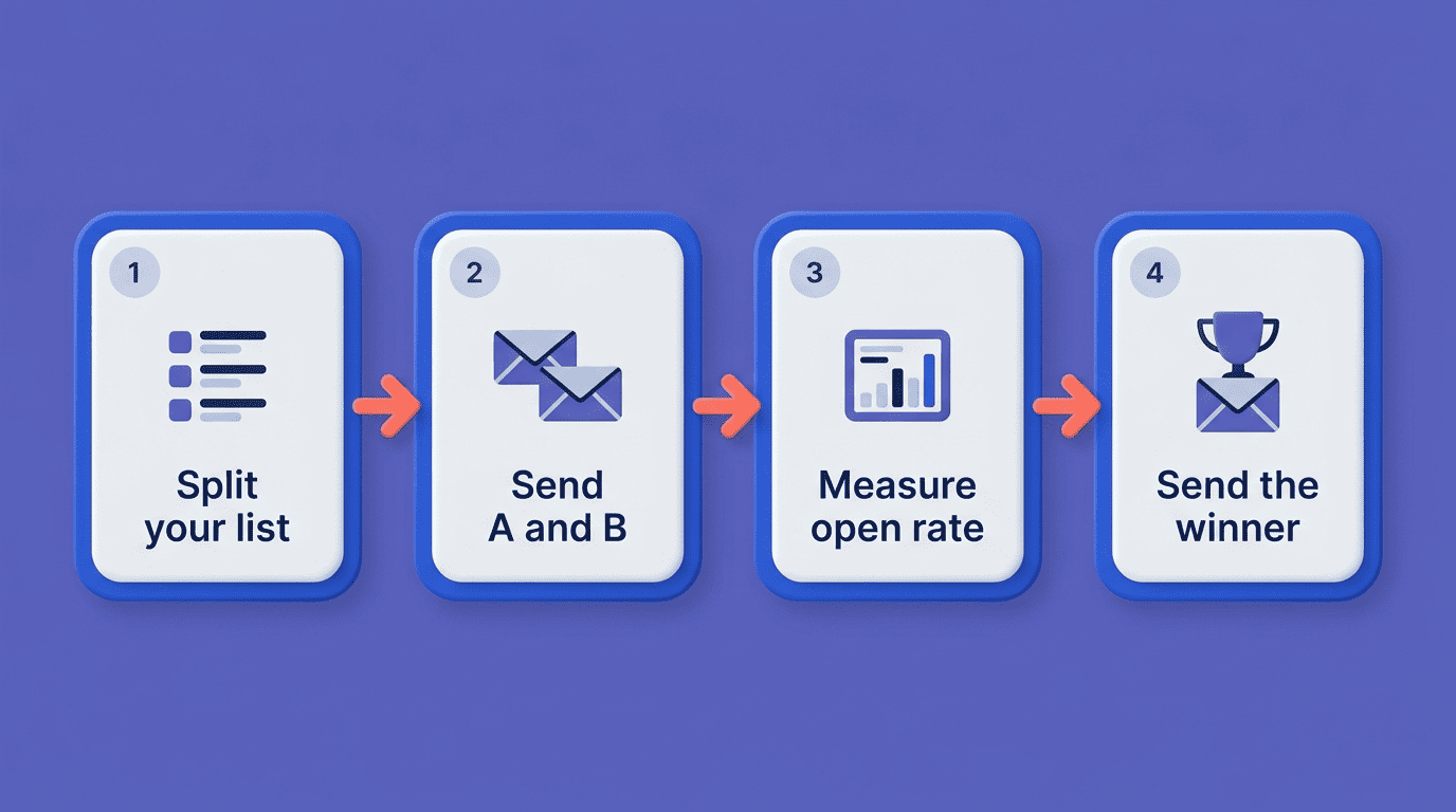 Four-step A/B test flow: split your list, send A and B, measure open rate, send the winner